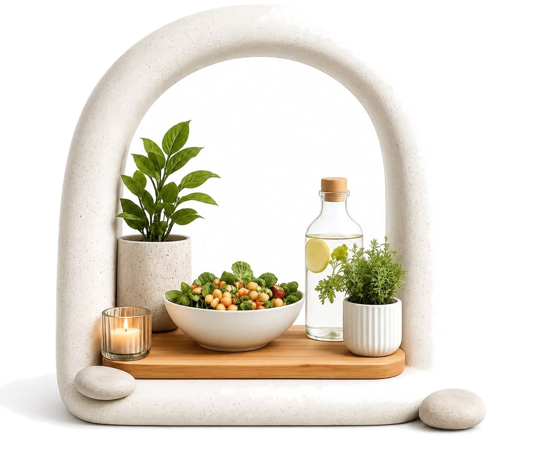 Bodegón con plantas, un bol de ensalada de garbanzos y una botella de agua con limón sobre una tabla de madera.